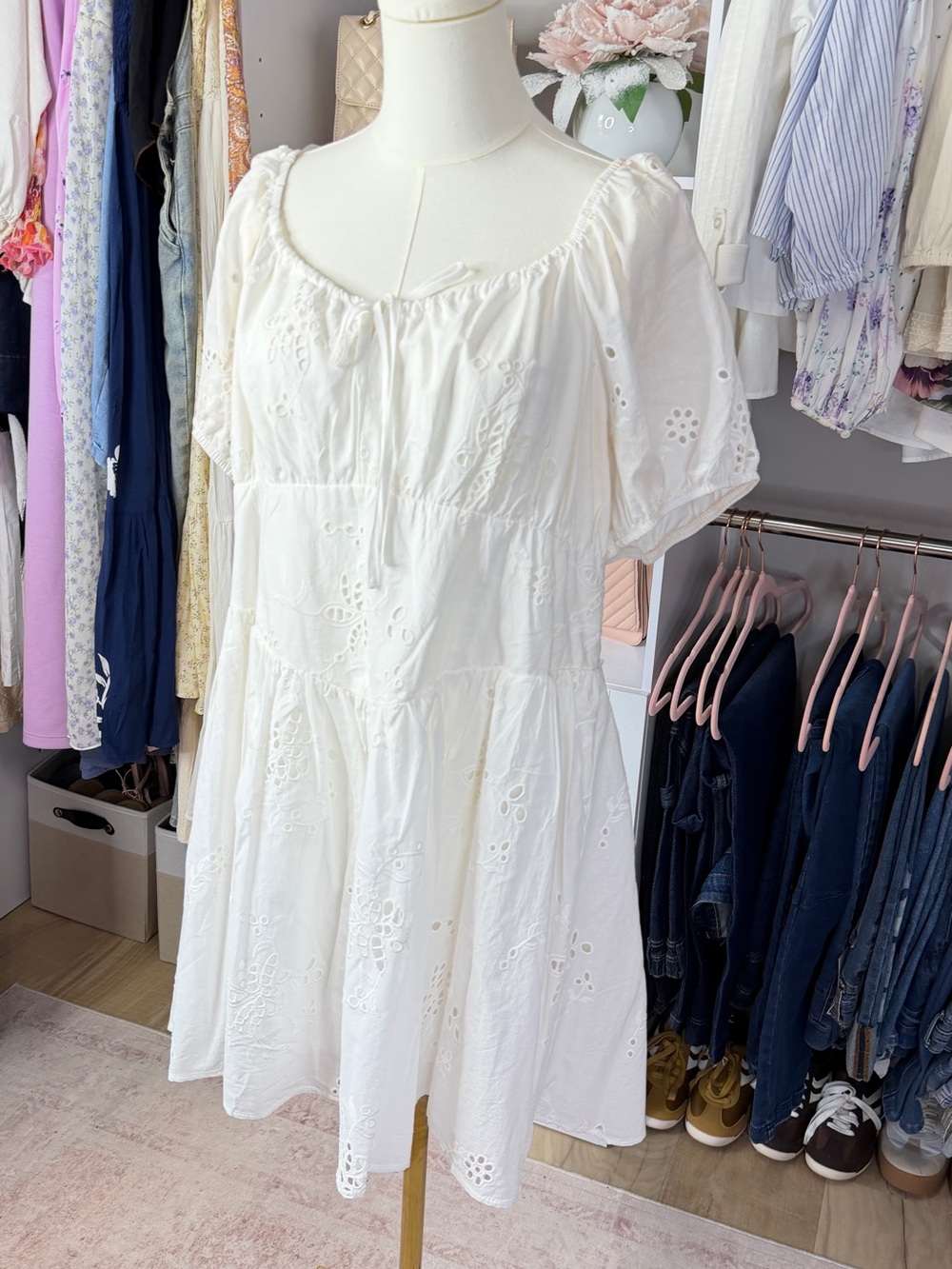Celbrity Pink Bridgerton White Eyelet Peasant Dress with Puff Sleeves